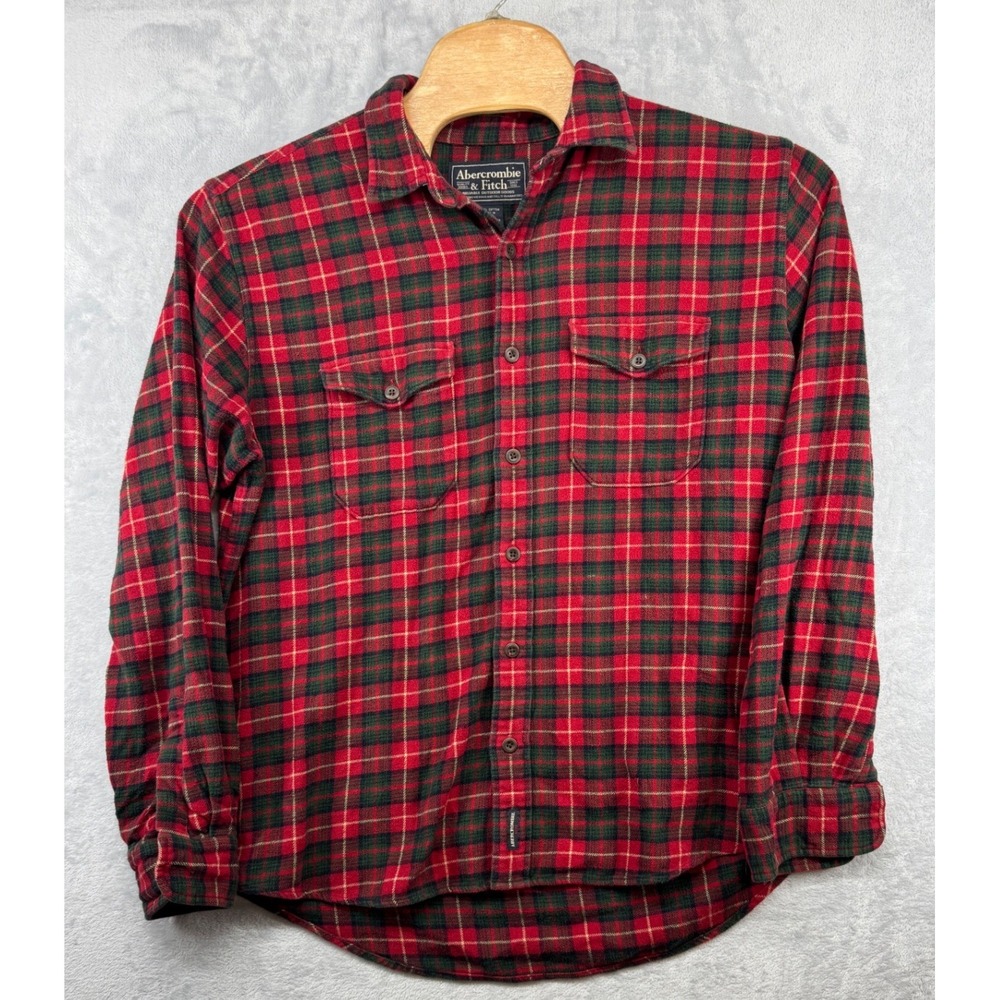 Abercrombie & Fitch Red Green Plaid Flannel Button Down Shirt Cotton Men's L